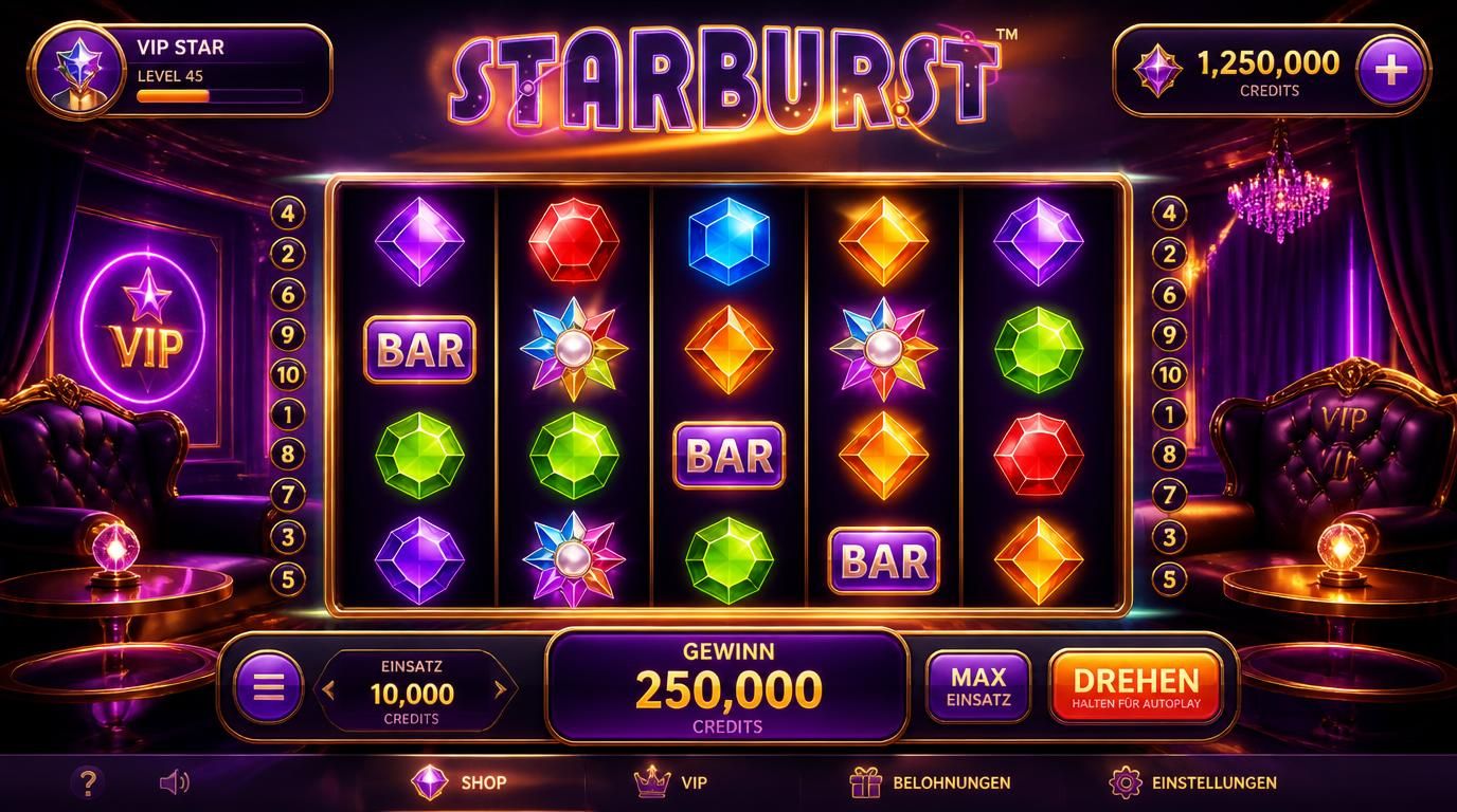 Eine Starburst-Demo-Szene mit funkelnden Symbolen und VIP-Flair