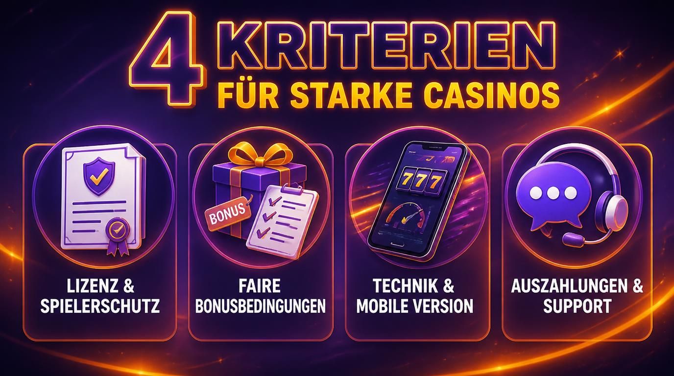  Bild zeigt Icons zu Lizenz, Bonus, Technik, Support